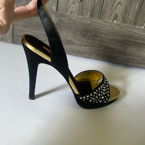 Black Betsey Johnson "Cristie" rhinestone heel sandals with w/strap, sz 10 - Picture 4 of 10